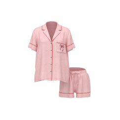 Сатинова піжама Victoria’s Secret Signature Satin Short Pajama Set Angel Pink Large Dot Jacquard W Pocket Graphic