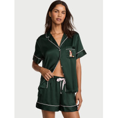 Сатинова піжама Victoria’s Secret Signature Satin Short Pajama Set Cliantro W Fox Pocket Embroidery 