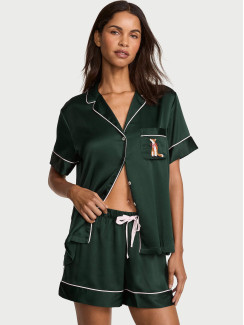 Сатинова піжама Victoria’s Secret Signature Satin Short Pajama Set Cliantro W Fox Pocket Embroidery 