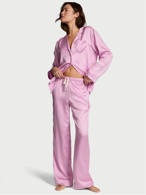 Сатинова піжама Victoria's Secret Signature Satin Heart Long Pajama Set Bikini Pink Jacquard W Heart Pocket