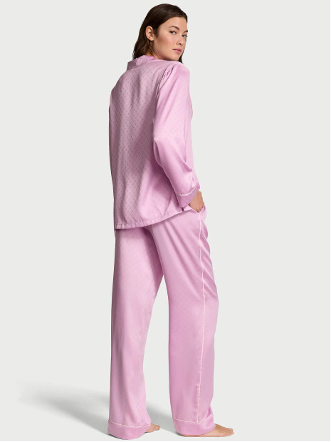 Сатинова піжама Victoria's Secret Signature Satin Heart Long Pajama Set Bikini Pink Jacquard W Heart Pocket