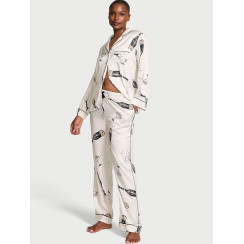 Сатинова піжама Victoria's Secret Signature Satin Long Pajama Set - колір Coconut White Champagne Bottles