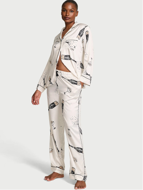 Сатинова піжама Victoria's Secret Signature Satin Long Pajama Set - колір Coconut White Champagne Bottles