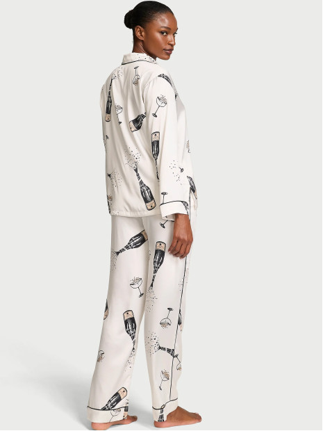 Сатинова піжама Victoria's Secret Signature Satin Long Pajama Set - колір Coconut White Champagne Bottles