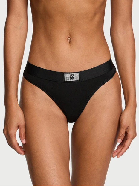 Котонові трусики стрінги Pink VS Logo Cotton Shine Patch Thong Panty - колір Black