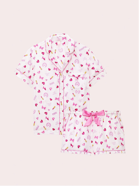 Сатинова піжама PINK x LoveShackFancy Satin Short Pajama Set - колір VS White Bisous