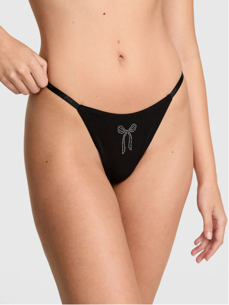 Котонові трусики стрінги Pink Logo Thong Panty - колір Black Bow Diamante Graphic