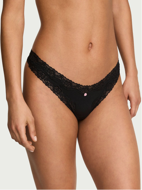 Котонові трусики стрінги Pink Cotton Lace-Waist Thong - колір Black