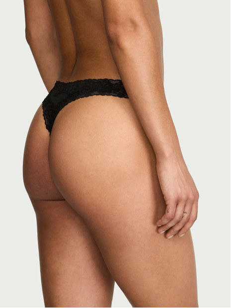 Котонові трусики стрінги Pink Cotton Lace-Waist Thong - колір Black