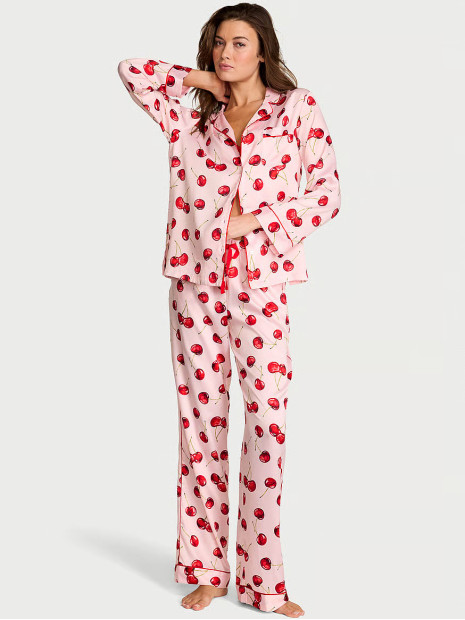 Сатинова піжама Victoria's Secret Signature Satin Long Pajama Set - колір Bright Vermillion Exploded Cherries
