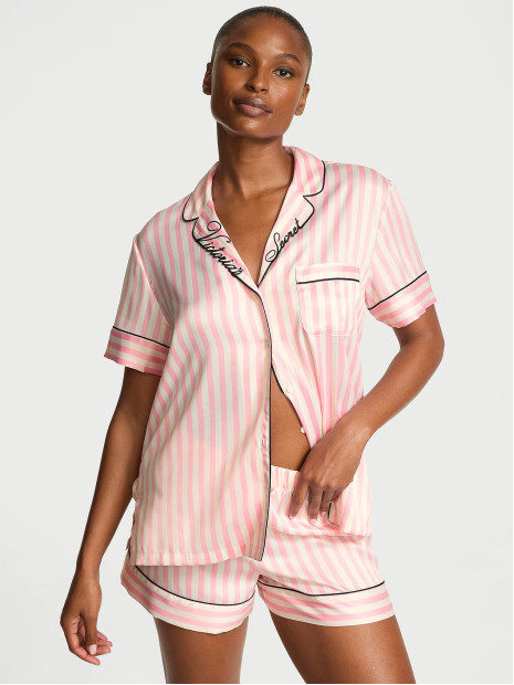 Сатинова піжама Victoria's Secret Signature Satin Short Pajama Set - колір Embroidered Collar | Print