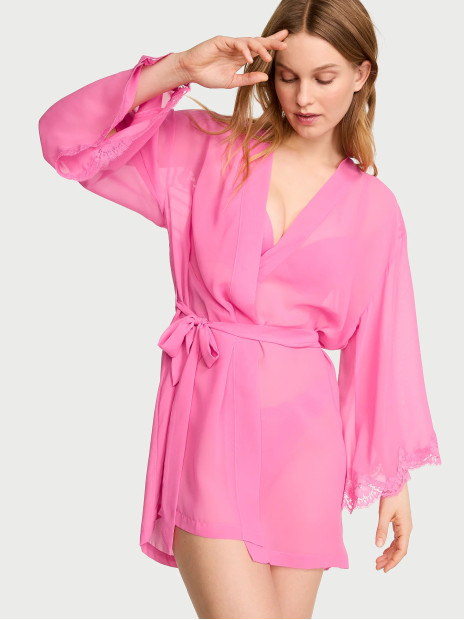 Сатиновий халат Victoria's Secret Chiffon & Lace Short Robe - колір Rose Garden