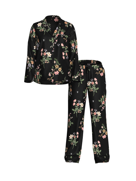 Сатинова піжама Victoria's Secret Signature Satin Long Pajama Set - колір Black Botanical