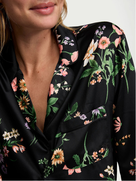 Сатинова піжама Victoria's Secret Signature Satin Long Pajama Set - колір Black Botanical