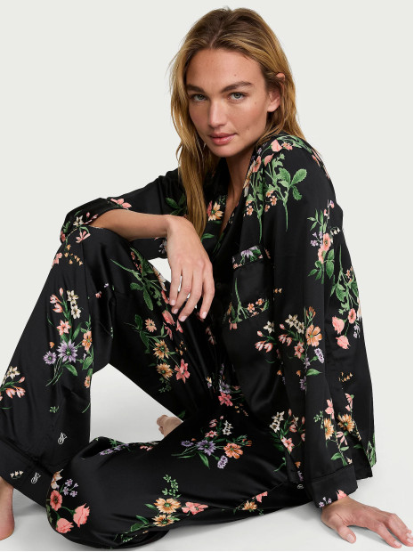Сатинова піжама Victoria's Secret Signature Satin Long Pajama Set - колір Black Botanical