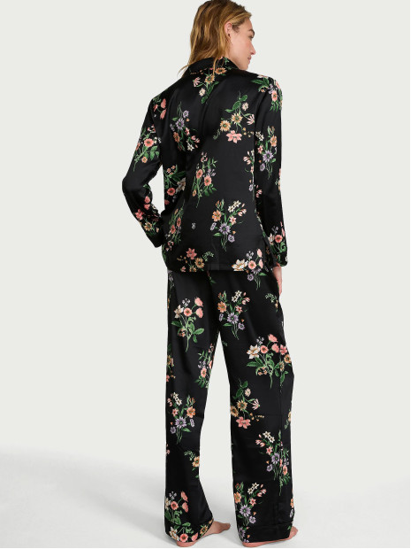 Сатинова піжама Victoria's Secret Signature Satin Long Pajama Set - колір Black Botanical
