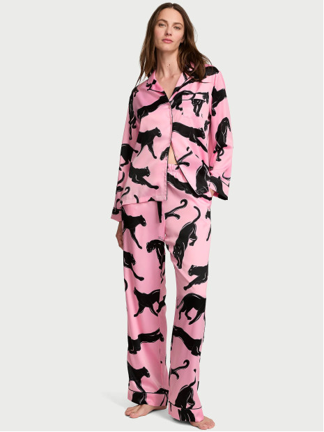 Сатинова піжама Victoria's Secret Signature Satin Long Pajama Set - колір Victoria Pink Panthers