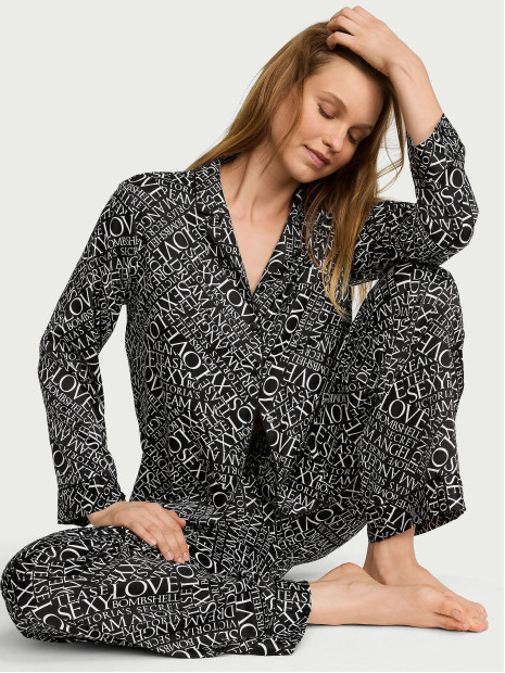 Сатинова піжама Victoria's Secret Signature Satin Long Pajama Set - колір Black & White Newspaper