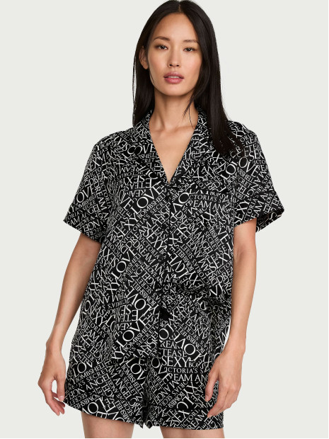Сатинова піжама Victoria's Secret Signature Satin Short Pajama Set - колір Black & White Newspaper
