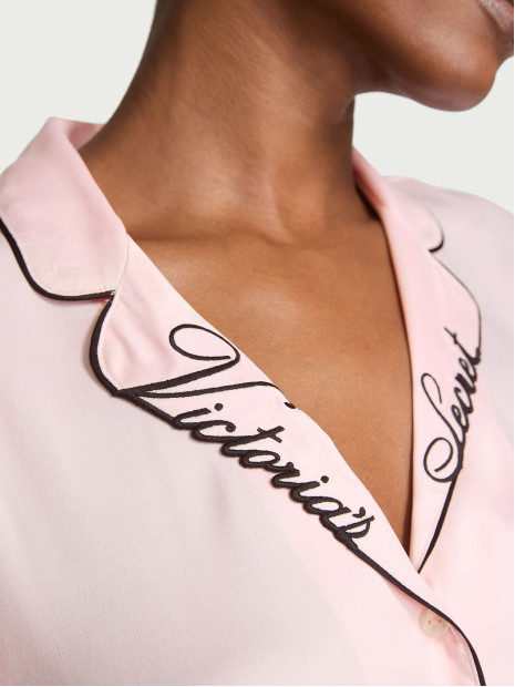 Сатинова піжама Victoria's Secret Signature Satin Short Pajama Set - колір Angel Pink W Collar Embroidery