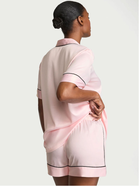 Сатинова піжама Victoria's Secret Signature Satin Short Pajama Set - колір Angel Pink W Collar Embroidery
