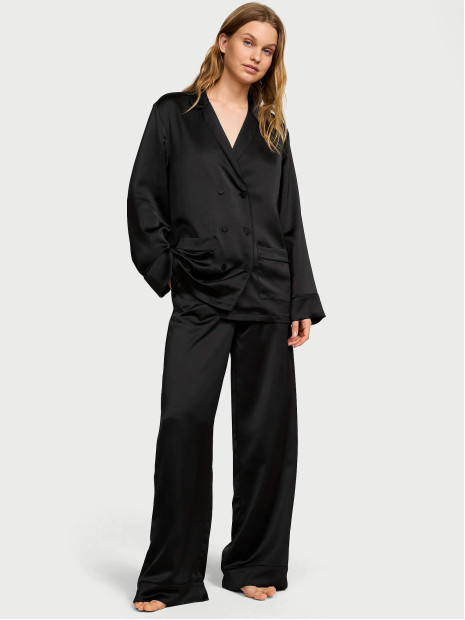 Сатинова піжама Victoria's Secret Luxe Satin Double-Breasted Long Pajama Set - колір Black