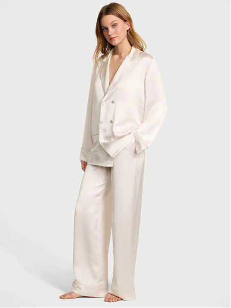 Сатинова піжама Victoria's Secret Luxe Satin Double-Breasted Long Pajama Set White